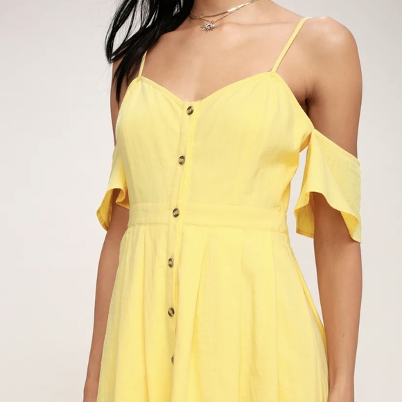 Lulu's I’ve Got Love Yellow Off The Shoulder Midi Dress Button Down Front - Picture 5 of 14